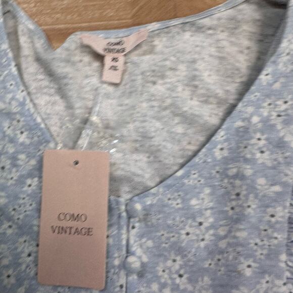 Como Vintage Blue Floral Tank Blouse Womens XS Sleeveless Ruffled Button Front - Picture 7 of 9